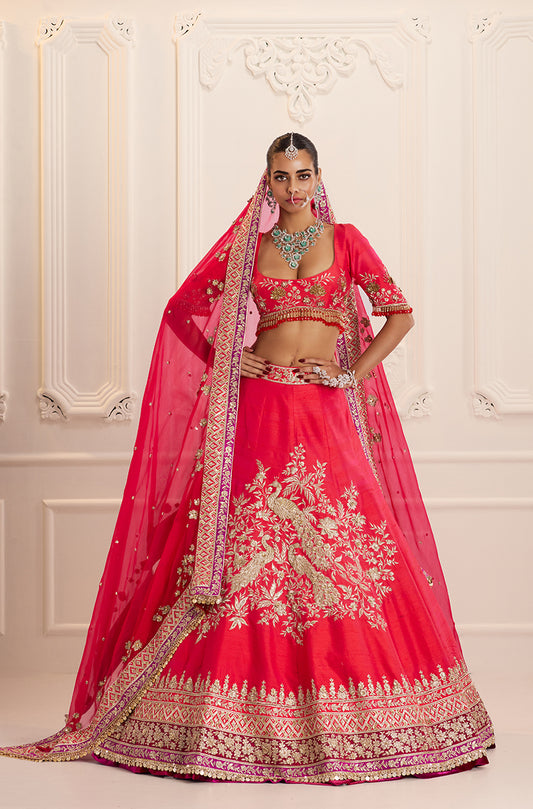 Red Silk with Peacock & Floral Jaal Embroidered Lehenga Set