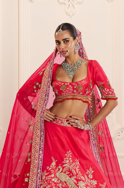 Red Silk with Peacock & Floral Jaal Embroidered Lehenga Set
