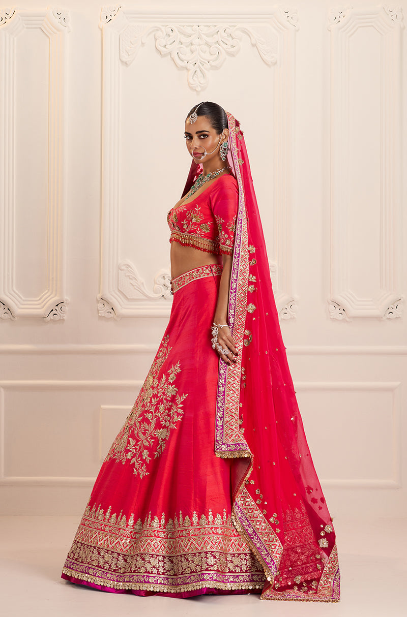Red Silk with Peacock & Floral Jaal Embroidered Lehenga Set