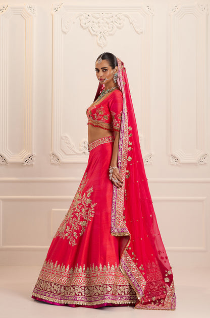 Red Silk with Peacock & Floral Jaal Embroidered Lehenga Set
