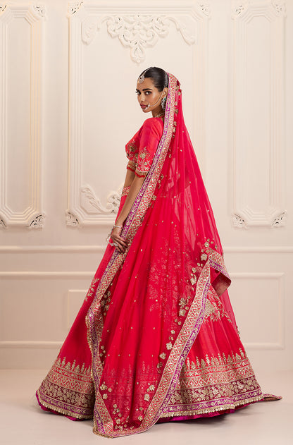 Red Silk with Peacock & Floral Jaal Embroidered Lehenga Set