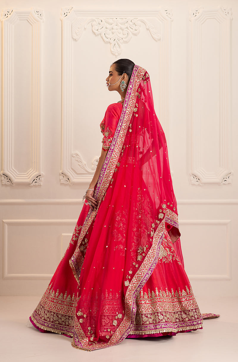 Red Silk with Peacock & Floral Jaal Embroidered Lehenga Set