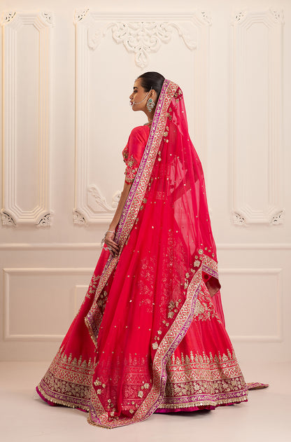 Red Silk with Peacock & Floral Jaal Embroidered Lehenga Set