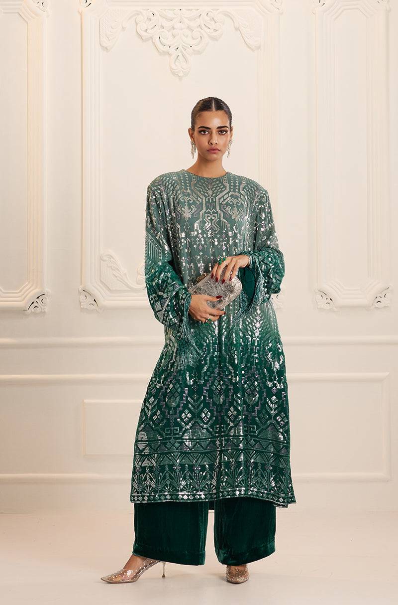 Ombré Shaded Green Aztec Sequin Embroidered Kurta Set
