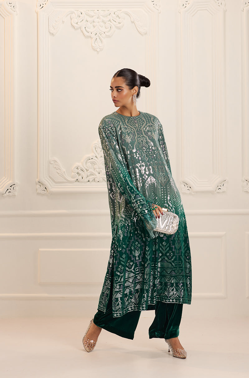 Ombré Shaded Green Aztec Sequin Embroidered Kurta Set