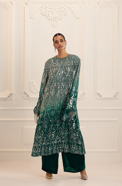 Ombré Shaded Green Aztec Sequin Embroidered Kurta Set