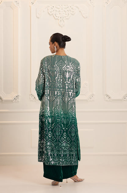 Ombré Shaded Green Aztec Sequin Embroidered Kurta Set