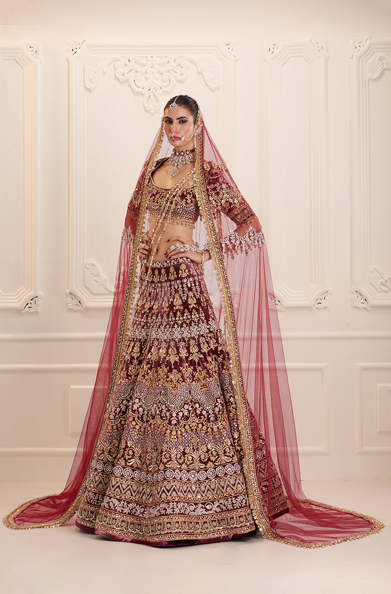 Maroon Velvet Embroidered Lehenga Set