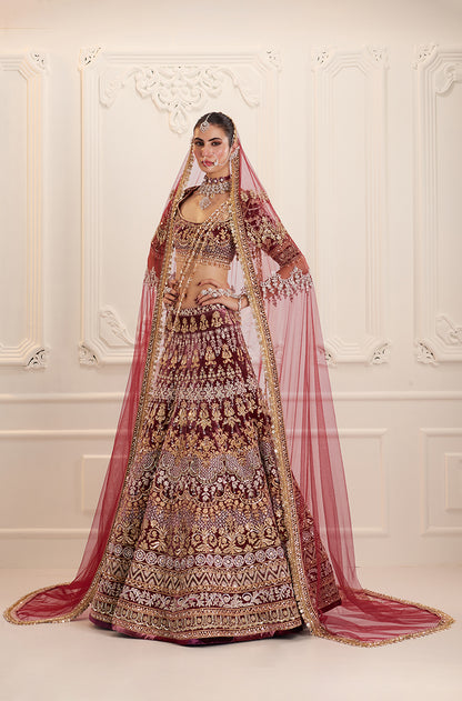 Maroon Velvet Embroidered Lehenga Set