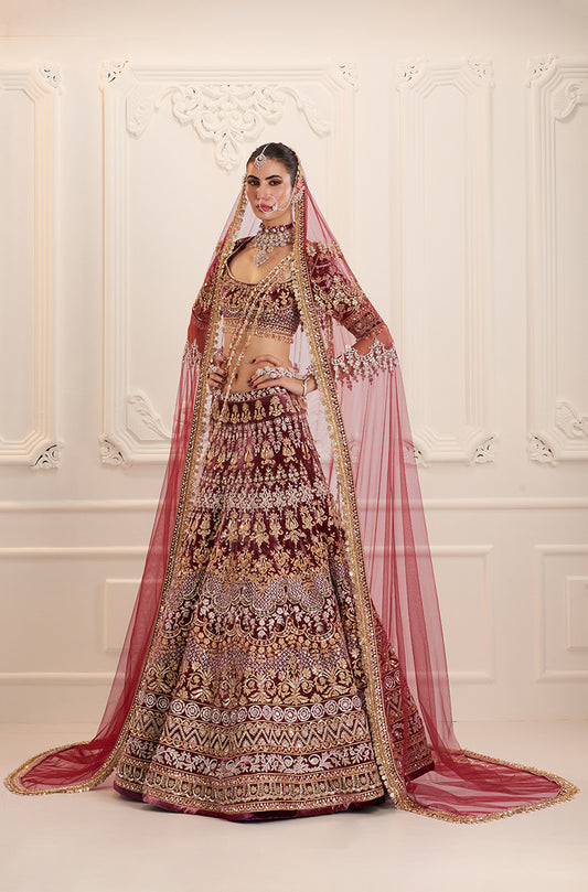 Maroon Velvet Embroidered Lehenga Set
