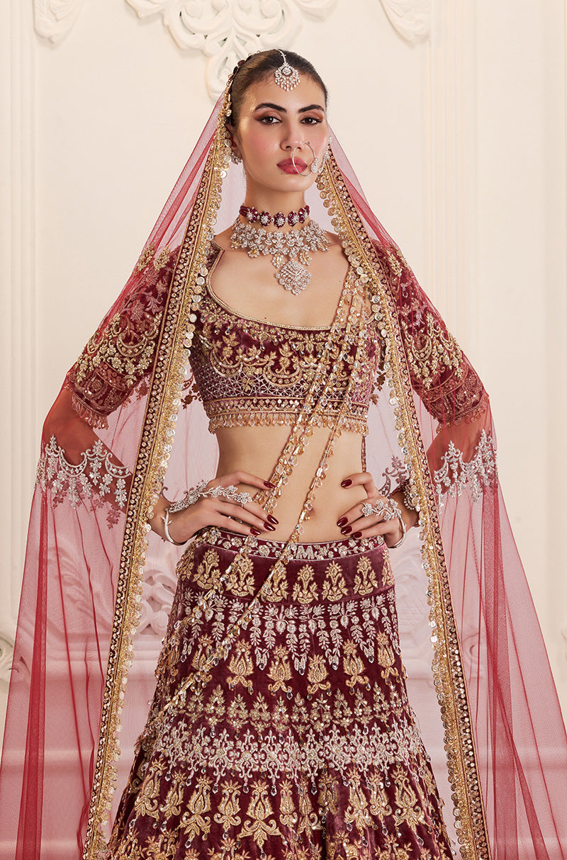 Maroon Velvet Embroidered Lehenga Set