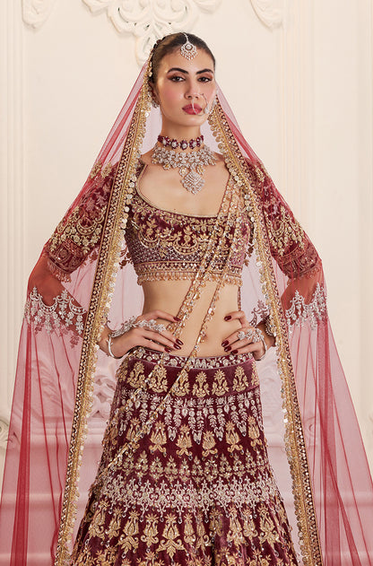 Maroon Velvet Embroidered Lehenga Set