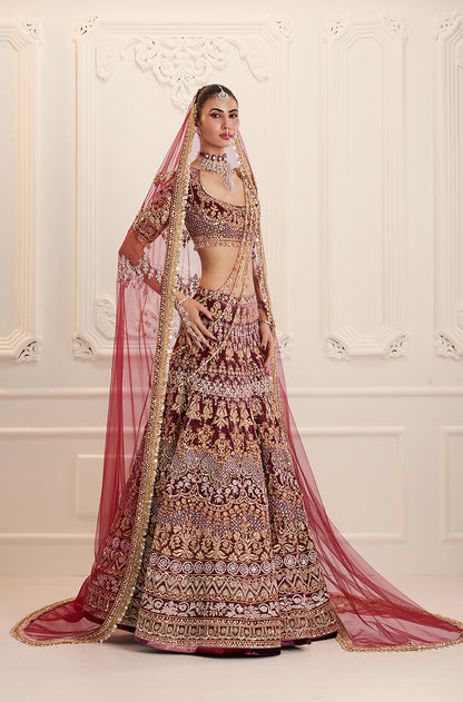 Maroon Velvet Embroidered Lehenga Set