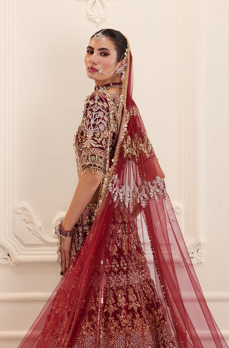 Maroon Velvet Embroidered Lehenga Set