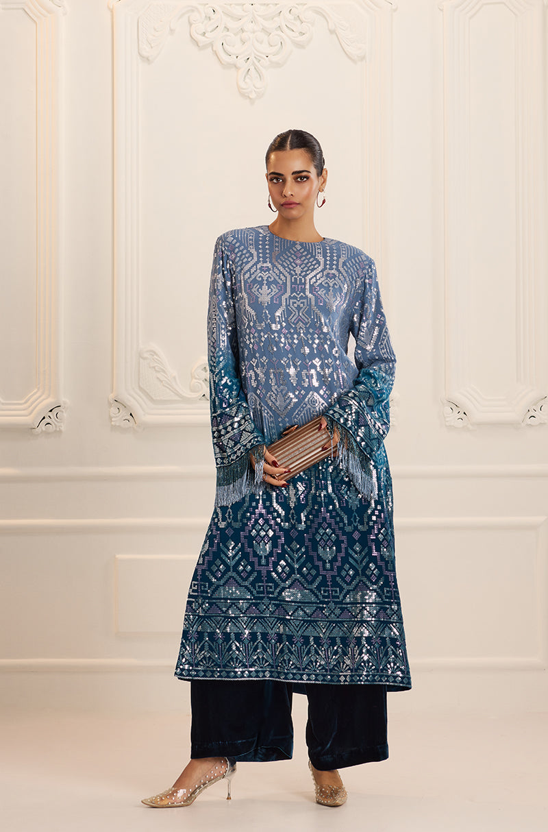 Ombré Shaded Blue Aztec Sequin Embroidered Kurta Set