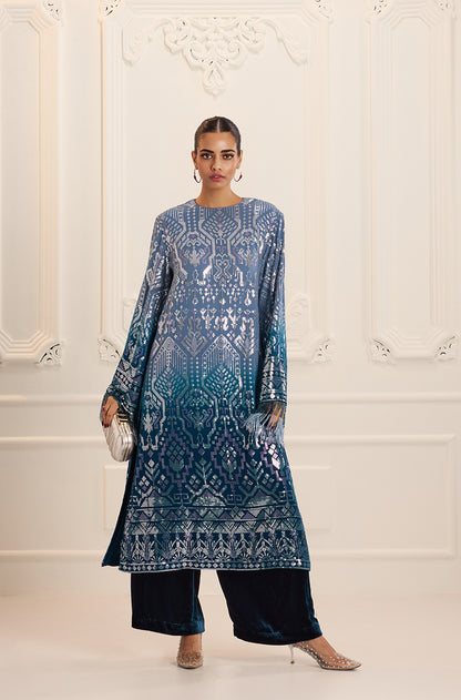Ombré Shaded Blue Aztec Sequin Embroidered Kurta Set