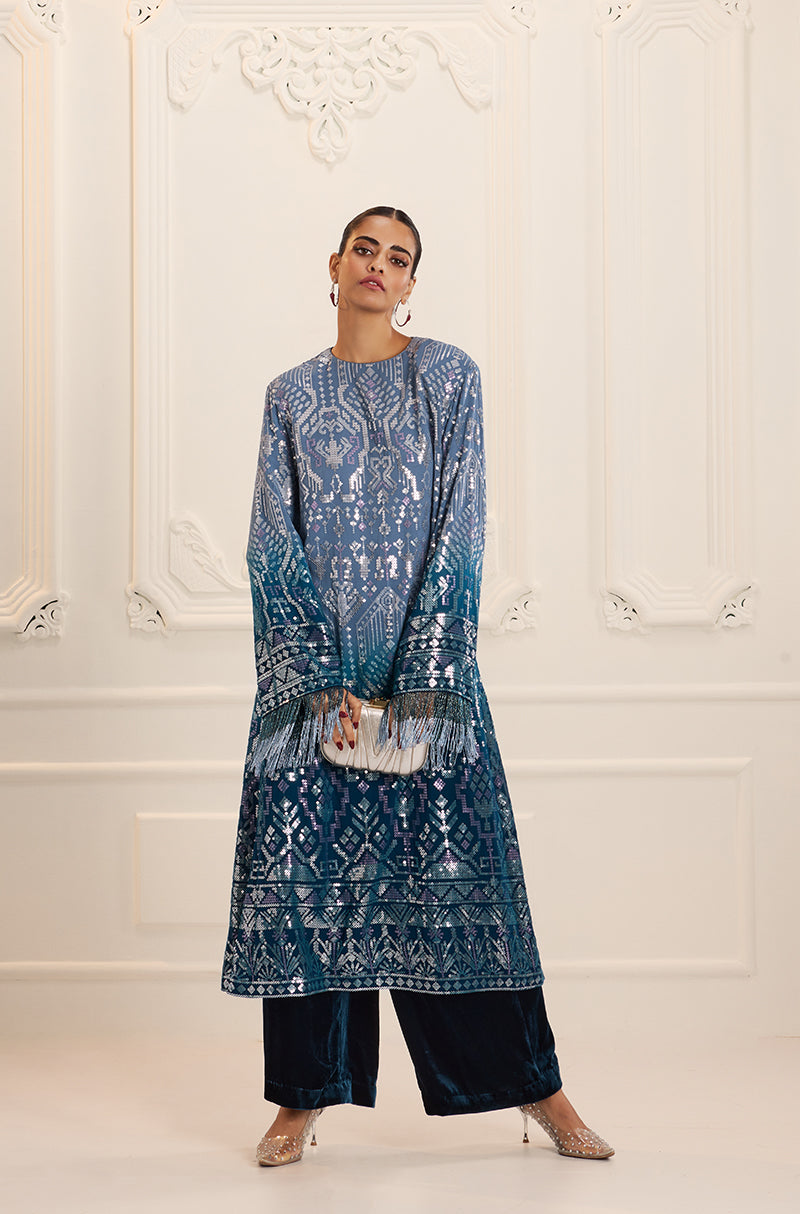 Ombré Shaded Blue Aztec Sequin Embroidered Kurta Set
