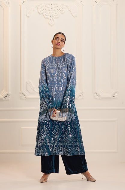 Ombré Shaded Blue Aztec Sequin Embroidered Kurta Set