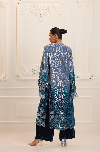 Ombré Shaded Blue Aztec Sequin Embroidered Kurta Set