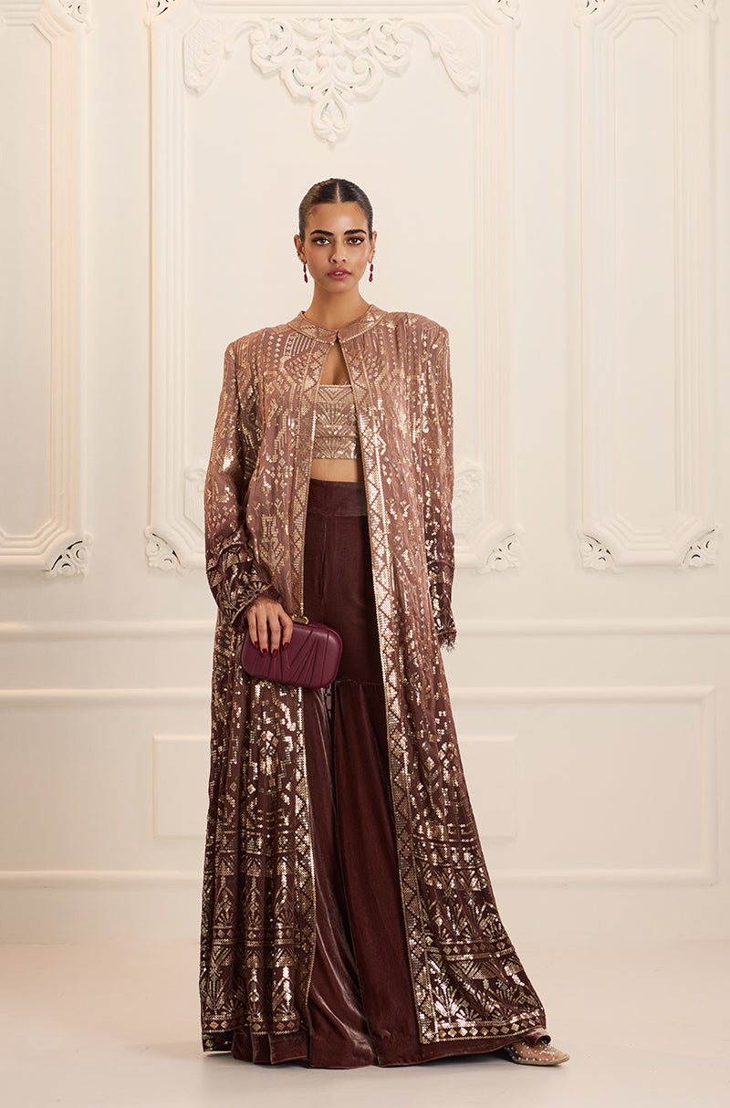 Light Brown Ombré Long Jacket Aztec Sequins Embroidered Sharara Set