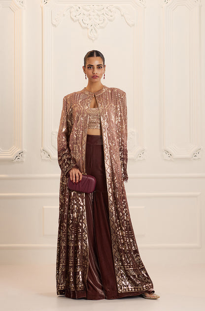 Light Brown Ombré Long Jacket Aztec Sequins Embroidered Sharara Set