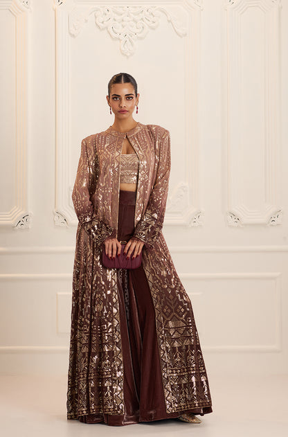 Light Brown Ombré Long Jacket Aztec Sequins Embroidered Sharara Set