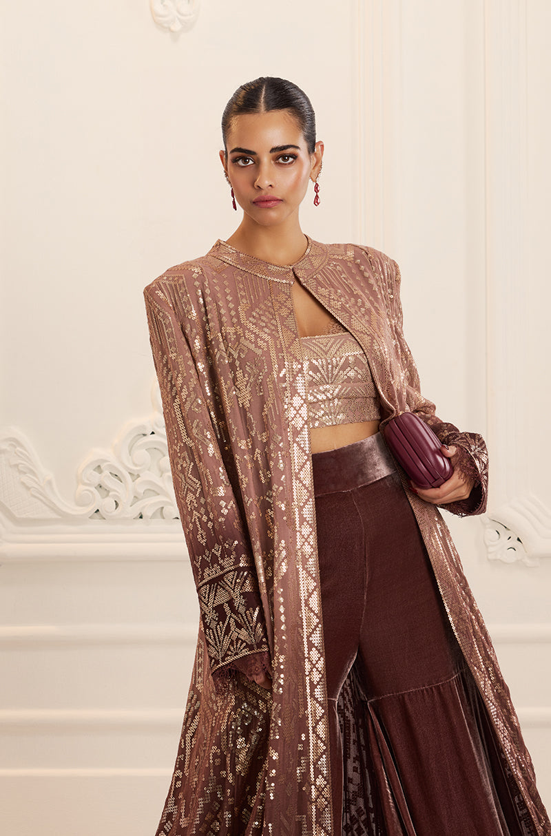 Light Brown Ombré Long Jacket Aztec Sequins Embroidered Sharara Set