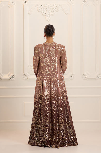 Light Brown Ombré Long Jacket Aztec Sequins Embroidered Sharara Set