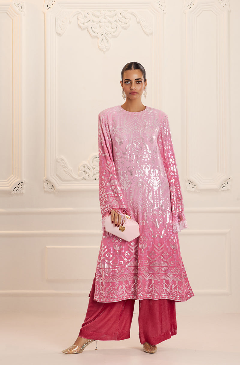 Ombré Shaded Pink Aztec Sequin Embroidered Kurta Set