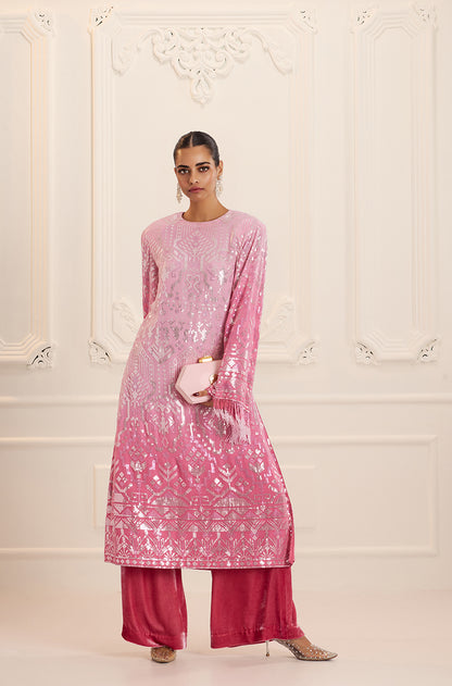 Ombré Shaded Pink Aztec Sequin Embroidered Kurta Set