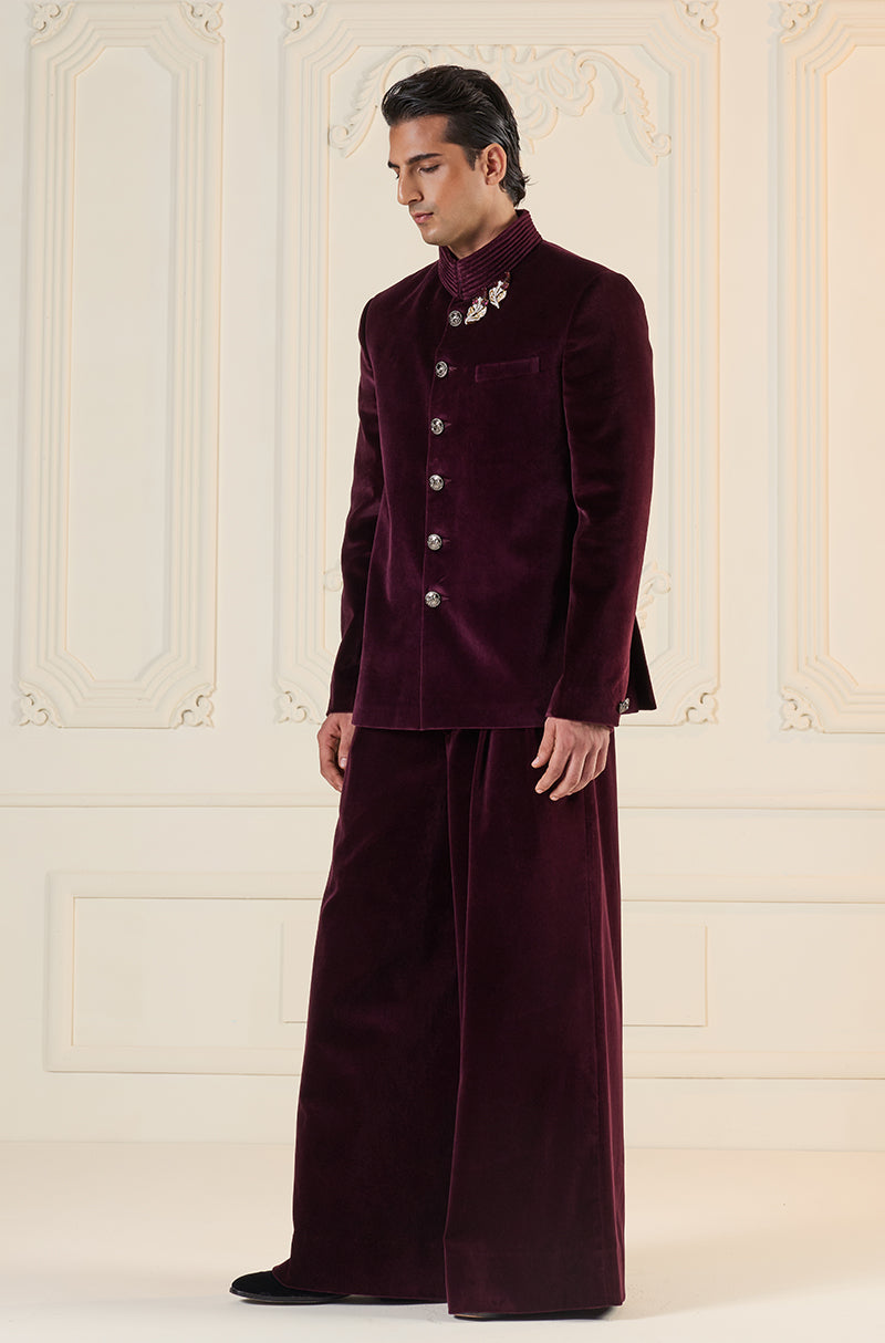Maroon Velvet Bandhgala Set