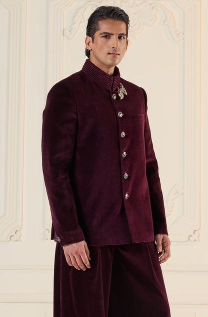 Maroon Velvet Bandhgala Set
