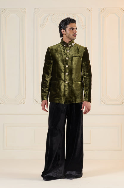 Olive Green Velvet Bandhgala Set