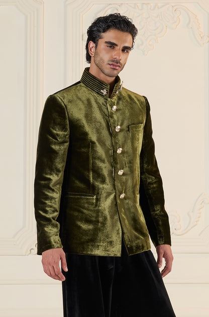 Olive Green Velvet Bandhgala Set