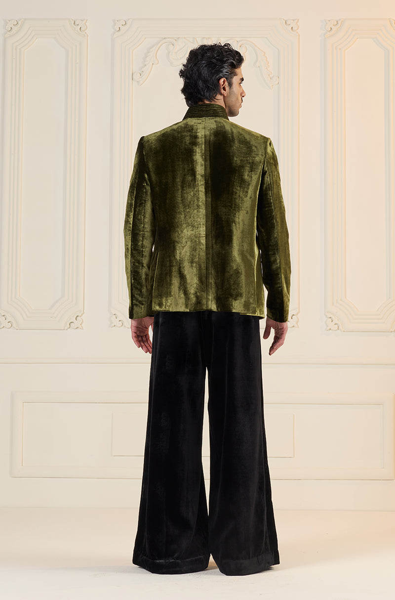 Olive Green Velvet Bandhgala Set