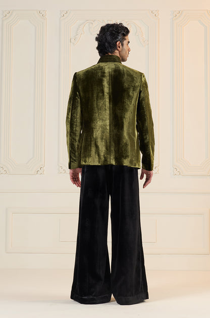 Olive Green Velvet Bandhgala Set