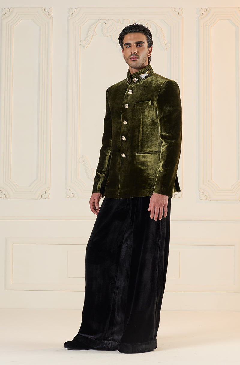 Olive Green Velvet Bandhgala Set