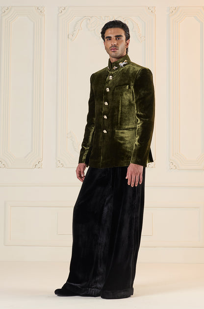 Olive Green Velvet Bandhgala Set
