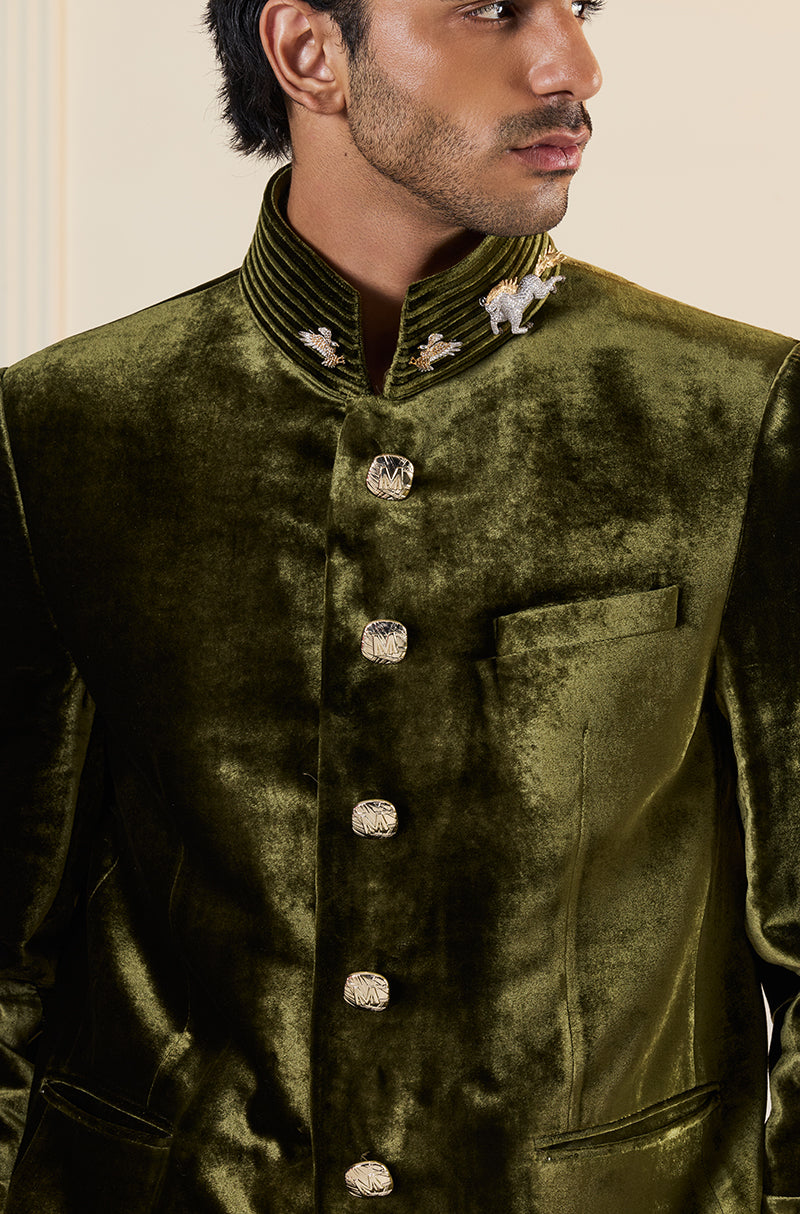 Olive Green Velvet Bandhgala Set