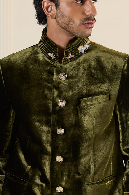 Olive Green Velvet Bandhgala Set