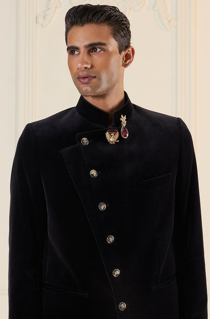 Black Assymetrical Overlap Bandhgala Set