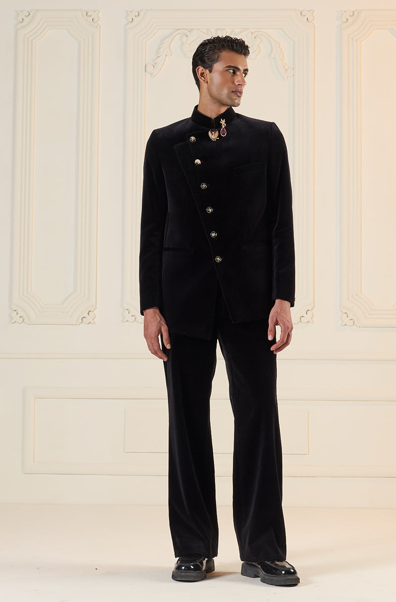 Black Assymetrical Overlap Bandhgala Set