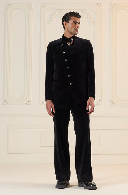 Black Assymetrical Overlap Bandhgala Set