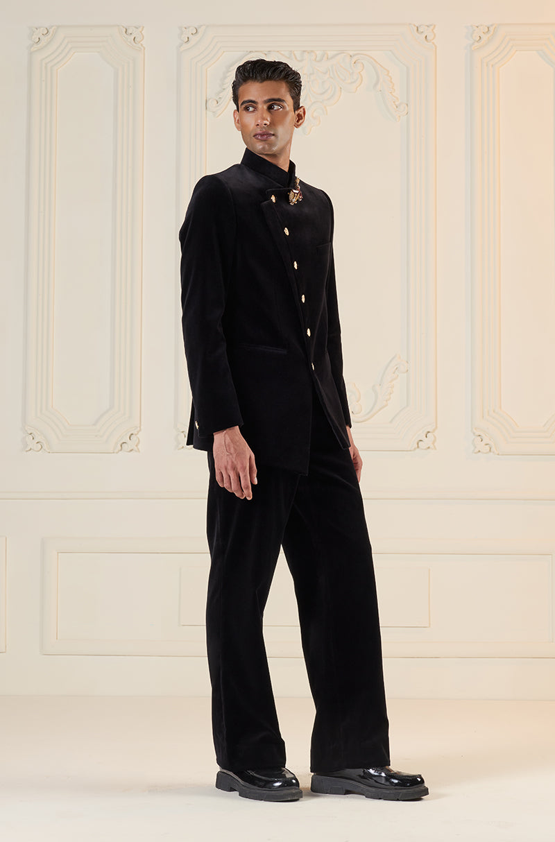 Black Assymetrical Overlap Bandhgala Set