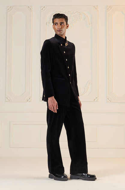 Black Assymetrical Overlap Bandhgala Set