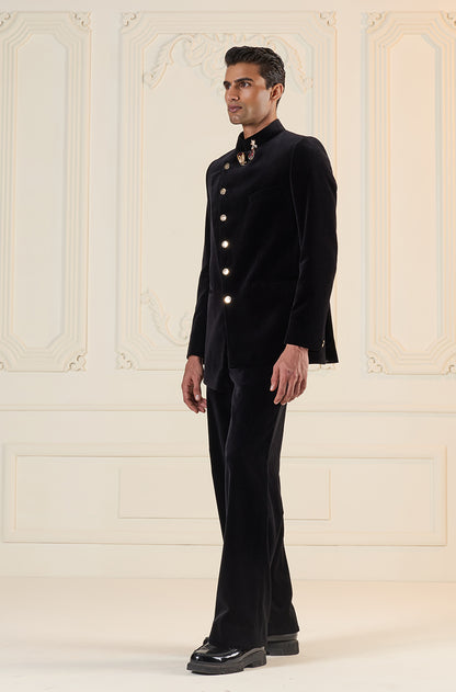 Black Assymetrical Overlap Bandhgala Set
