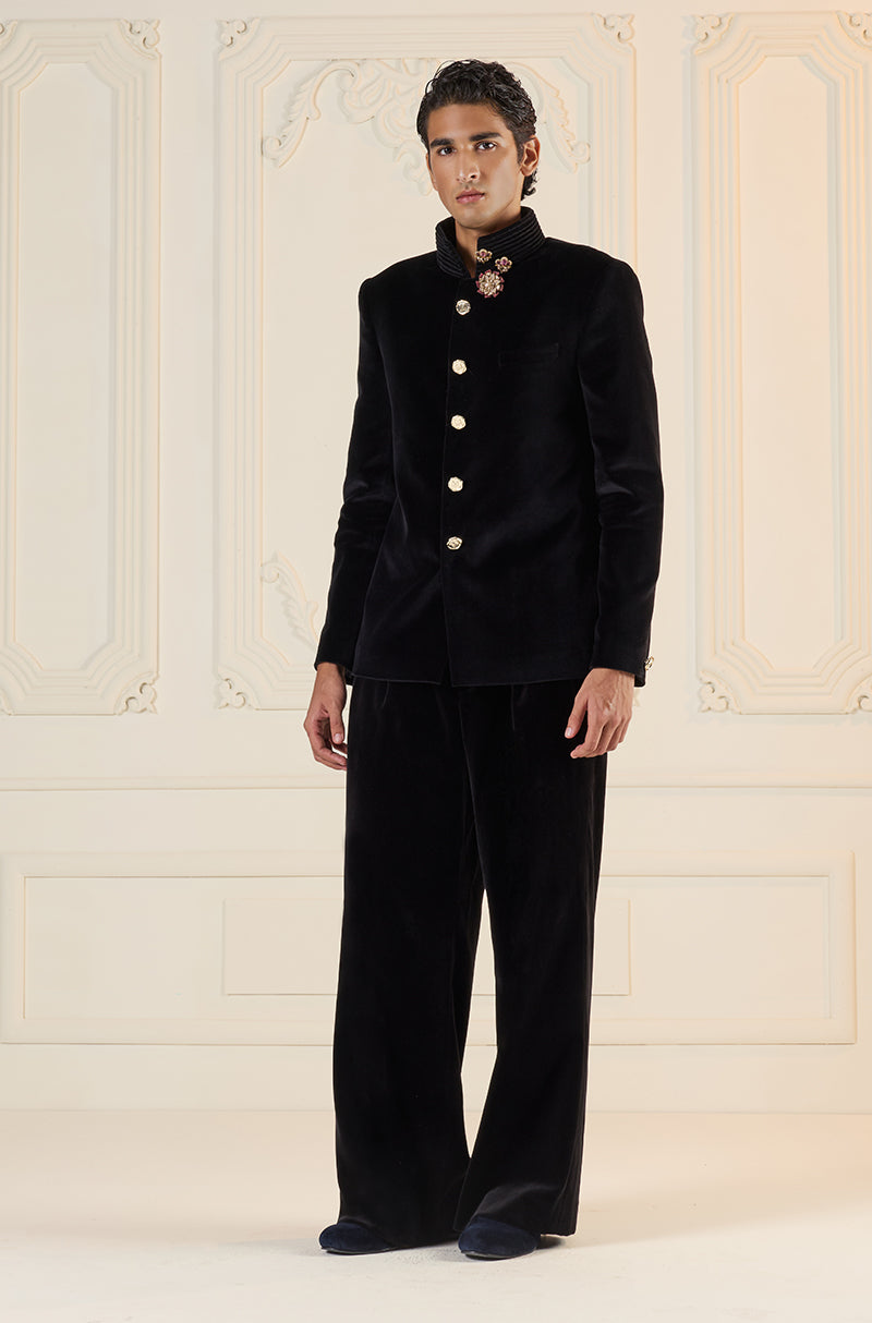 Black Velvet Bandhgala Set
