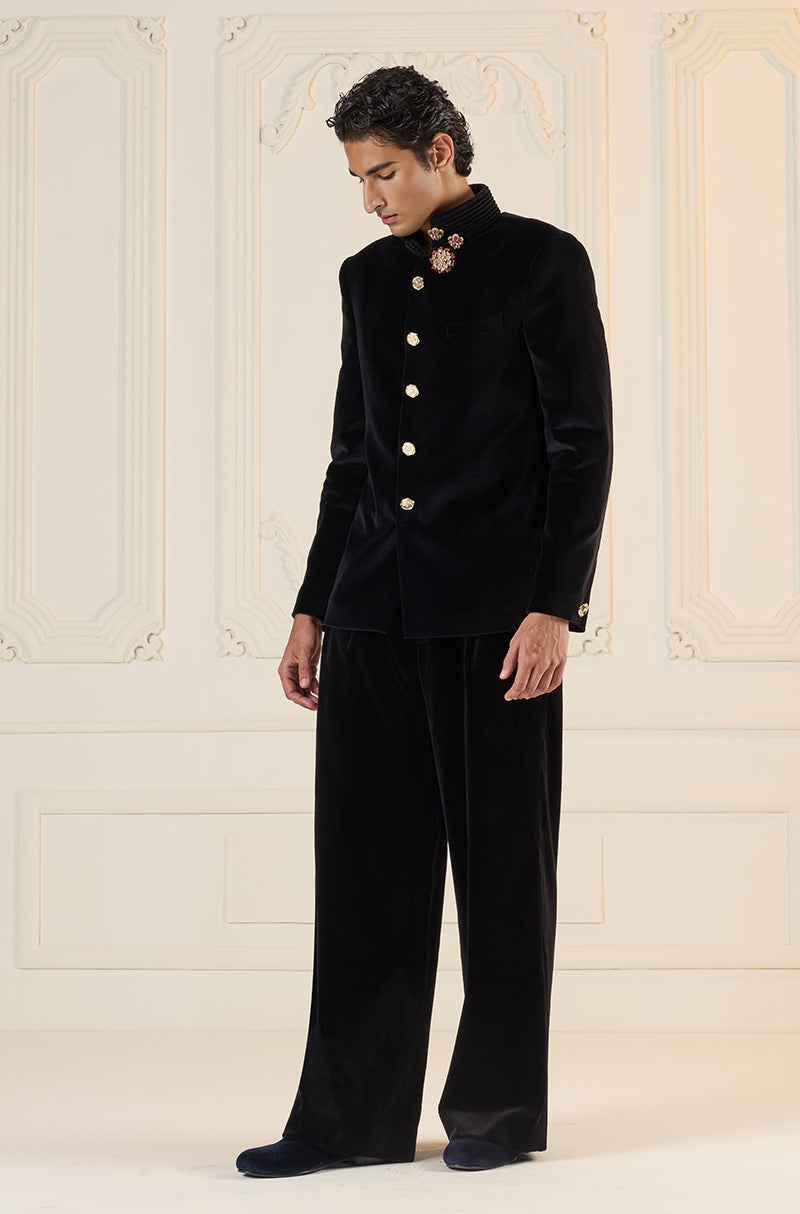 Black Velvet Bandhgala Set