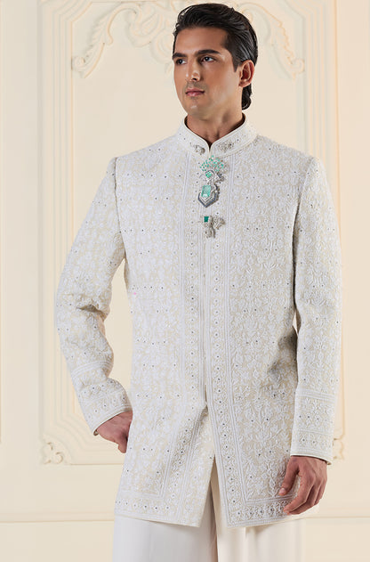 Beige with Ivory Dori Embroidered Sherwani Set
