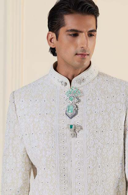 Beige with Ivory Dori Embroidered Sherwani Set